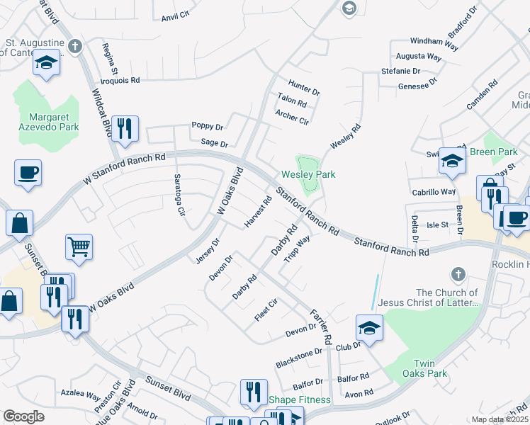 map of restaurants, bars, coffee shops, grocery stores, and more near 5617 Harvest Road in Rocklin