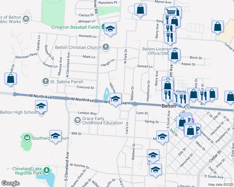 map of restaurants, bars, coffee shops, grocery stores, and more near 107 Hillcrest Road in Belton