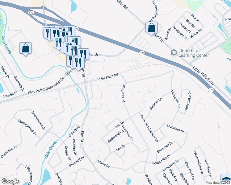 map of restaurants, bars, coffee shops, grocery stores, and more near 3 Clover Lane in Saint Charles
