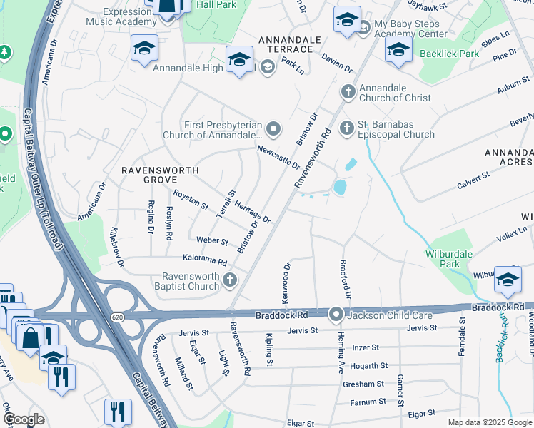 map of restaurants, bars, coffee shops, grocery stores, and more near 7602 Heritage Drive in Annandale