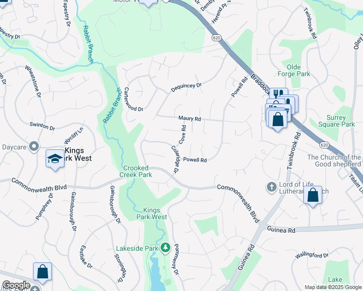 map of restaurants, bars, coffee shops, grocery stores, and more near 4923 Cove Road in Fairfax