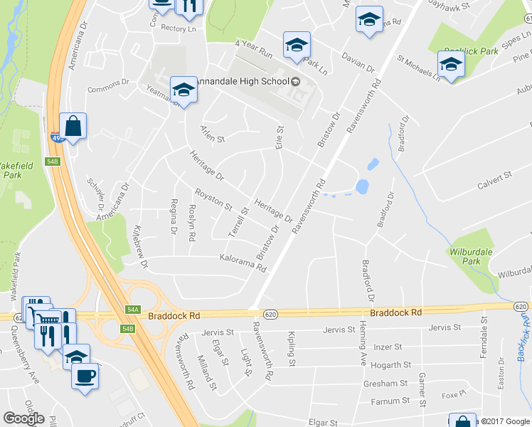 map of restaurants, bars, coffee shops, grocery stores, and more near 7609 Heritage Drive in Annandale