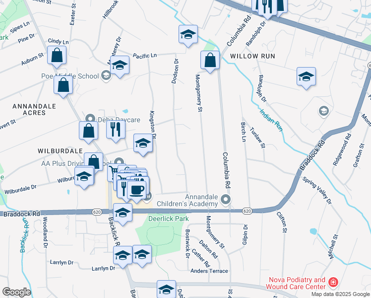 map of restaurants, bars, coffee shops, grocery stores, and more near 6803 Algonquin Court in Annandale