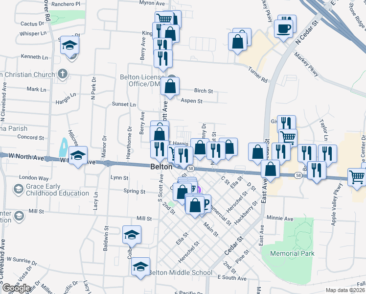 map of restaurants, bars, coffee shops, grocery stores, and more near 138 East North Avenue in Belton