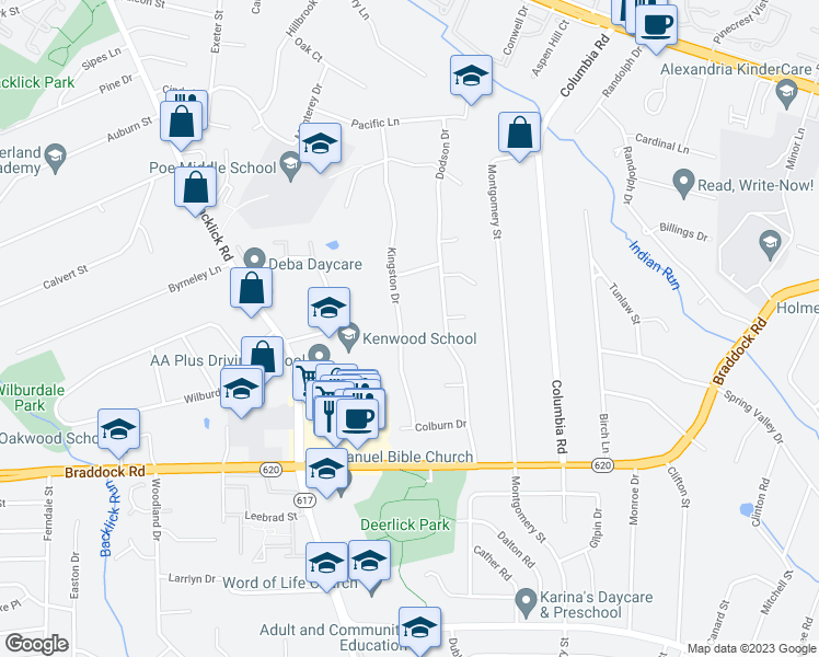 map of restaurants, bars, coffee shops, grocery stores, and more near 4921 Kingston Drive in Annandale