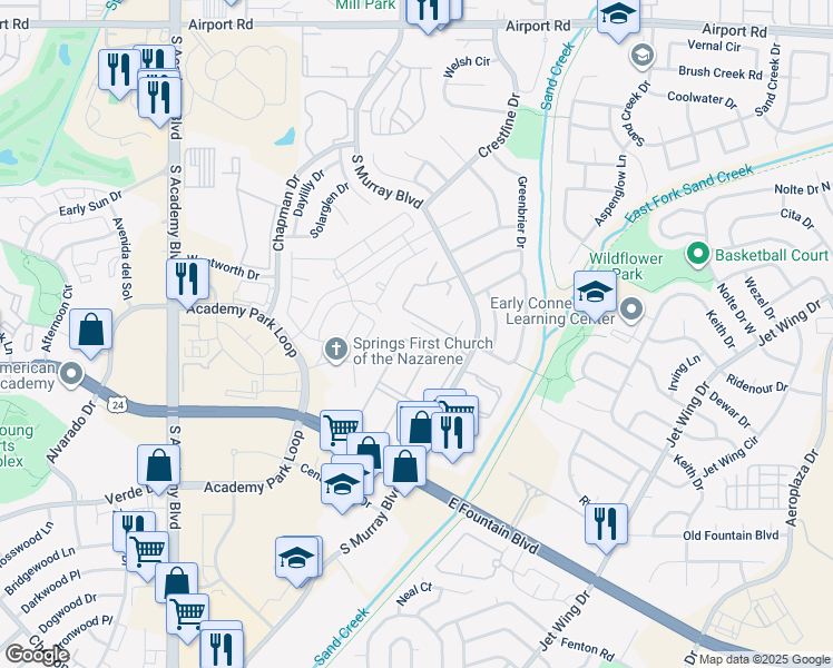 map of restaurants, bars, coffee shops, grocery stores, and more near 1130 Bell Tower Heights in Colorado Springs