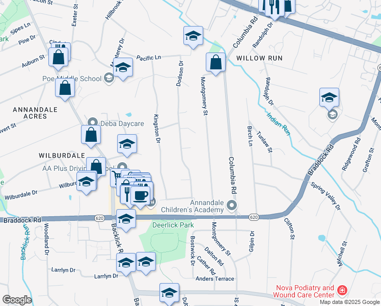 map of restaurants, bars, coffee shops, grocery stores, and more near 6803 Algonquin Court in Annandale