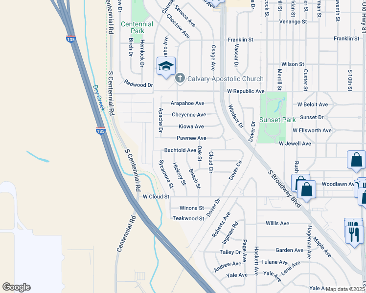 map of restaurants, bars, coffee shops, grocery stores, and more near 1442 Bachtold Avenue in Salina