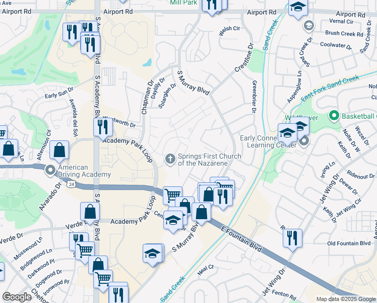 map of restaurants, bars, coffee shops, grocery stores, and more near 1426 Sandalwood Drive in Colorado Springs