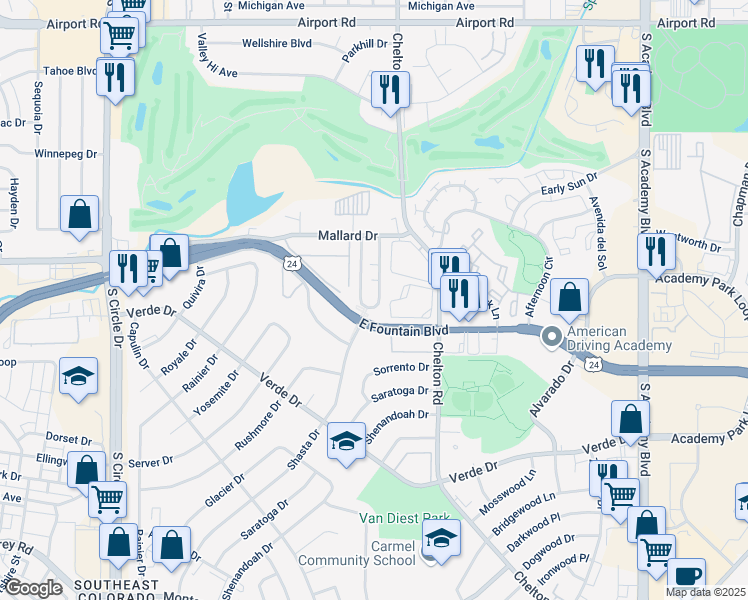 map of restaurants, bars, coffee shops, grocery stores, and more near 1108 Mazatlan Circle in Colorado Springs