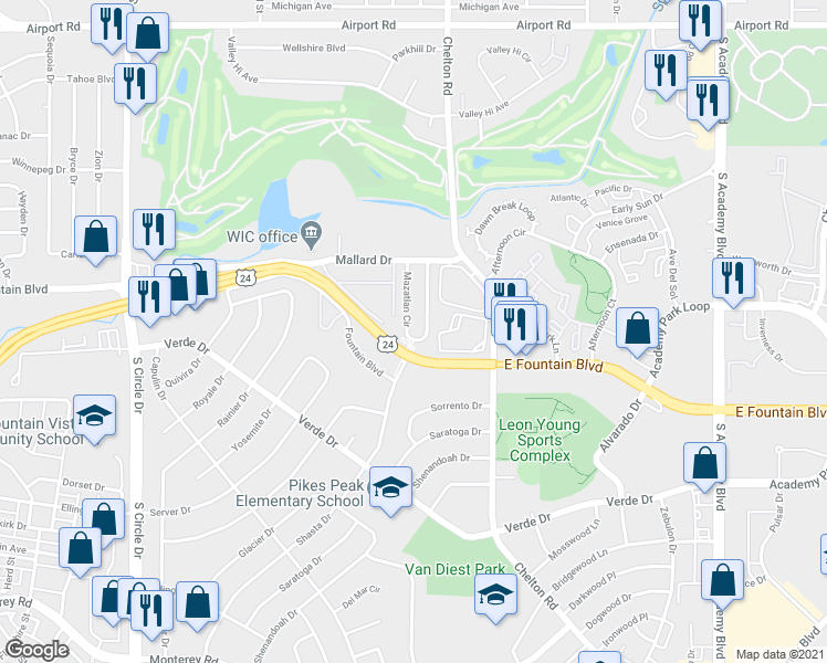 map of restaurants, bars, coffee shops, grocery stores, and more near 1108 Mazatlan Circle in Colorado Springs