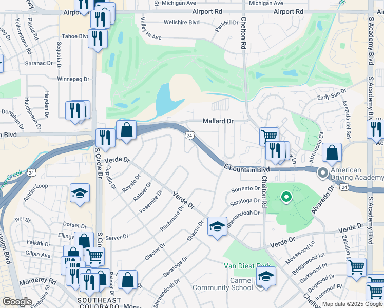 map of restaurants, bars, coffee shops, grocery stores, and more near 3025 East Fountain Boulevard in Colorado Springs