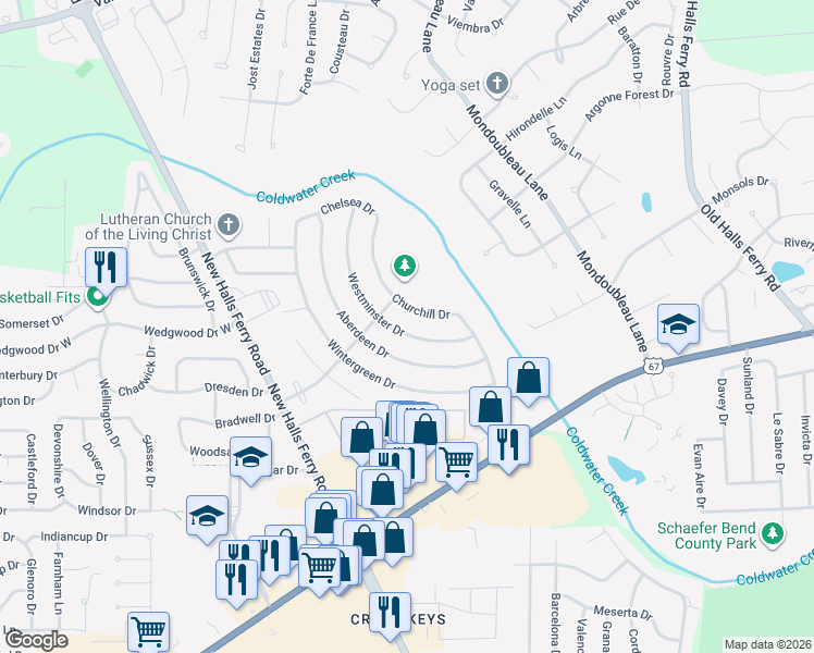 map of restaurants, bars, coffee shops, grocery stores, and more near 2997 Westminster Drive in Florissant