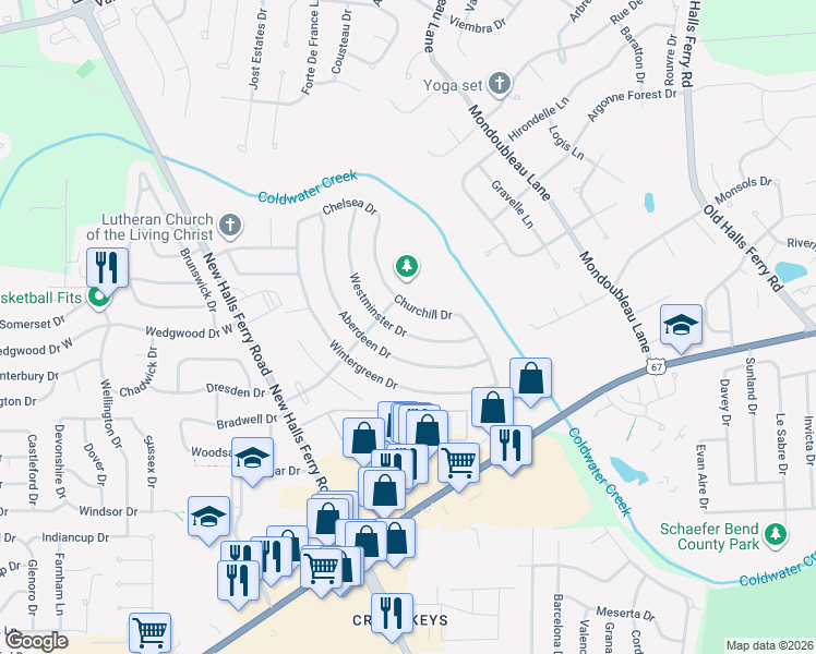map of restaurants, bars, coffee shops, grocery stores, and more near 2997 Westminster Drive in Florissant