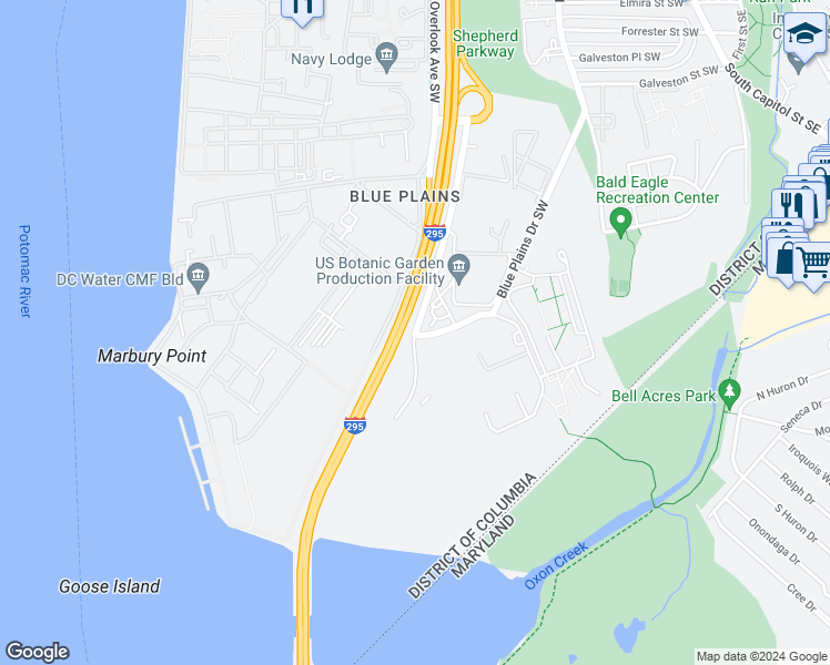 map of restaurants, bars, coffee shops, grocery stores, and more near 5099 Shepherd Parkway Southwest in Washington