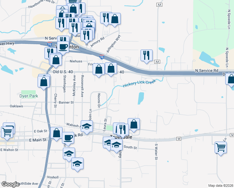 map of restaurants, bars, coffee shops, grocery stores, and more near 239 Conrad Circle in Warrenton