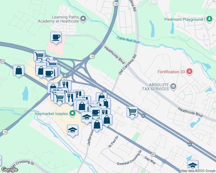 map of restaurants, bars, coffee shops, grocery stores, and more near 6566 Jefferson Street in Haymarket