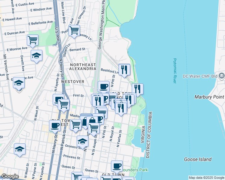 map of restaurants, bars, coffee shops, grocery stores, and more near 1107 North Pitt Street in Alexandria