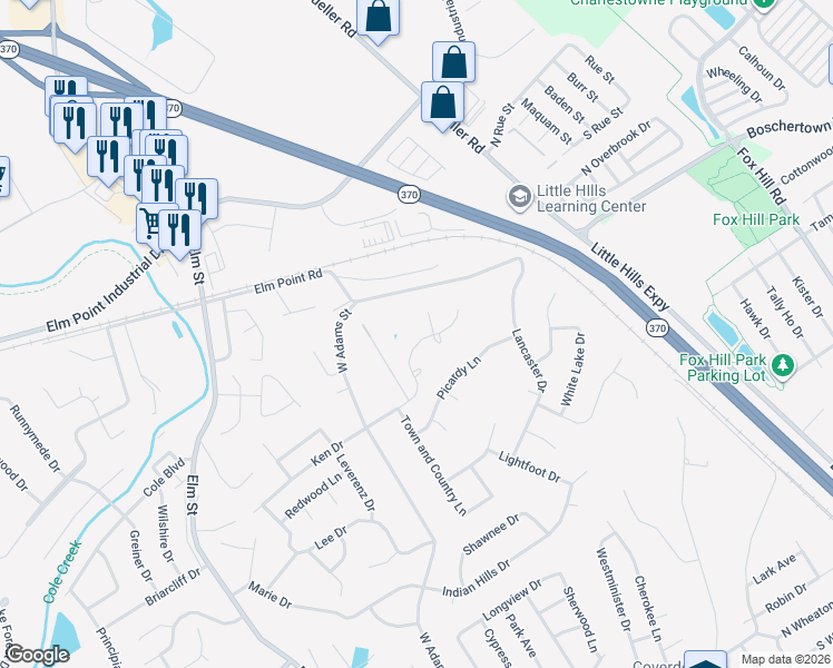 map of restaurants, bars, coffee shops, grocery stores, and more near 1015 Bellevaux Place in Saint Charles
