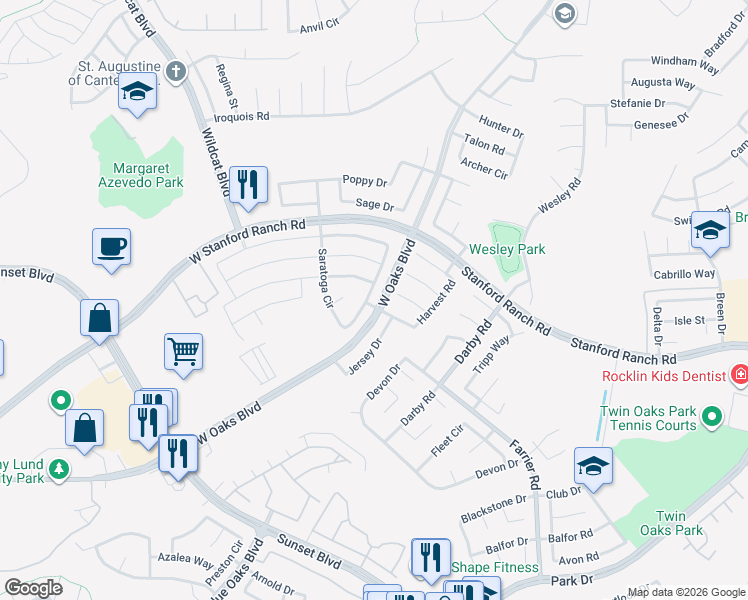 map of restaurants, bars, coffee shops, grocery stores, and more near 5737 Jersey Drive in Rocklin