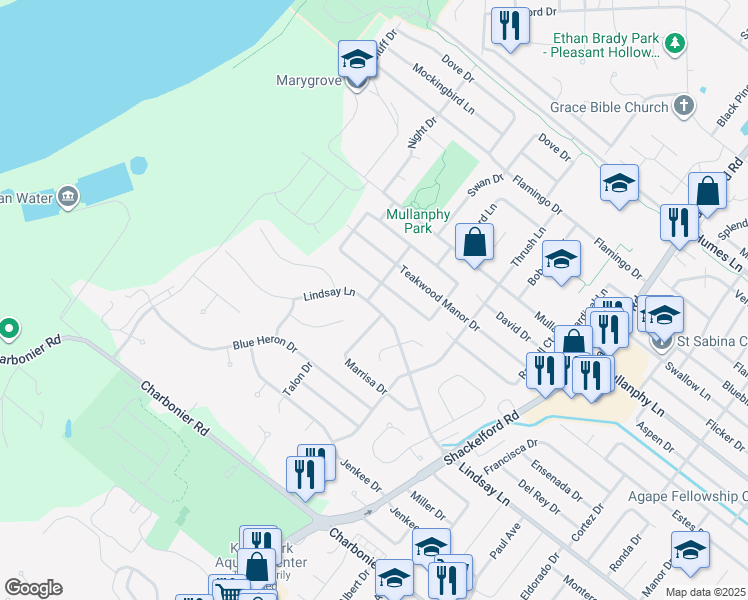 map of restaurants, bars, coffee shops, grocery stores, and more near 2355 Lindsay Lane in Florissant