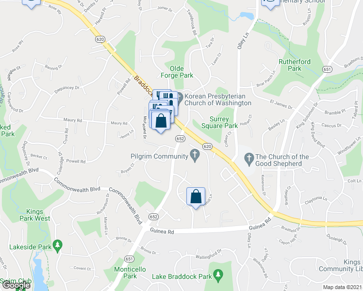map of restaurants, bars, coffee shops, grocery stores, and more near 4915 Twinbrook Road in Burke