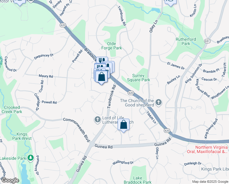 map of restaurants, bars, coffee shops, grocery stores, and more near 4915 Twinbrook Road in Burke