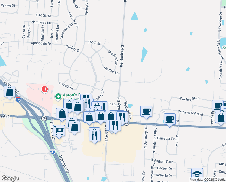 map of restaurants, bars, coffee shops, grocery stores, and more near 16912 Kentucky Road in Belton