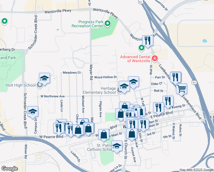 map of restaurants, bars, coffee shops, grocery stores, and more near 621 Scotti Lane in Wentzville