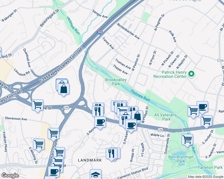 map of restaurants, bars, coffee shops, grocery stores, and more near 5340 Holmes Run Parkway in Alexandria