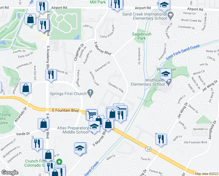 map of restaurants, bars, coffee shops, grocery stores, and more near 1462 Sandalwood Drive in Colorado Springs