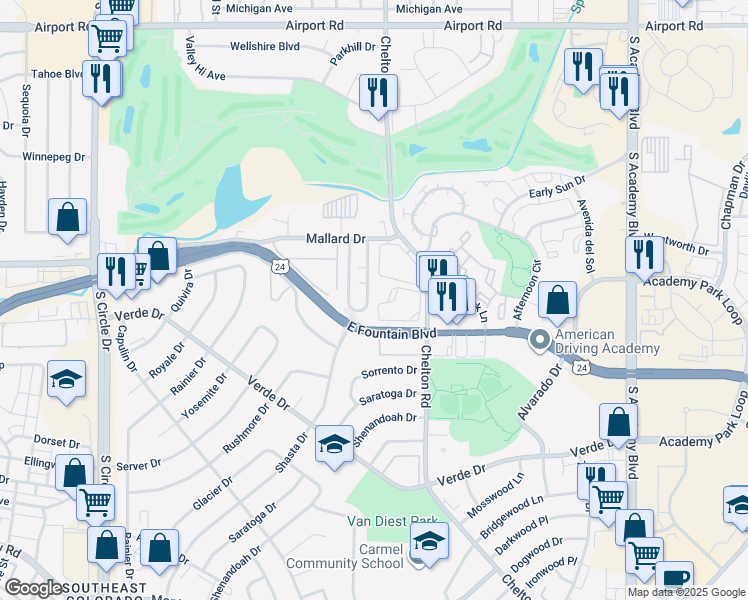 map of restaurants, bars, coffee shops, grocery stores, and more near 1108 Mazatlan Circle in Colorado Springs