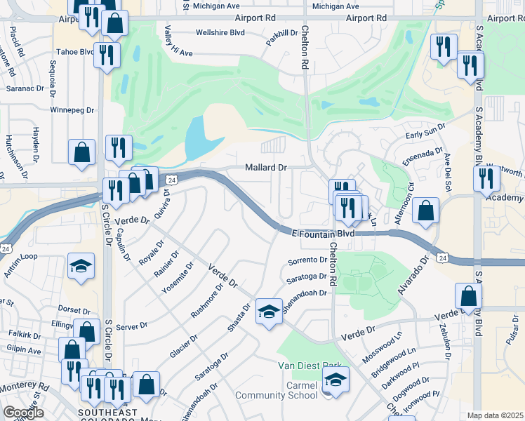 map of restaurants, bars, coffee shops, grocery stores, and more near 3070 U.S. 24 in Colorado Springs