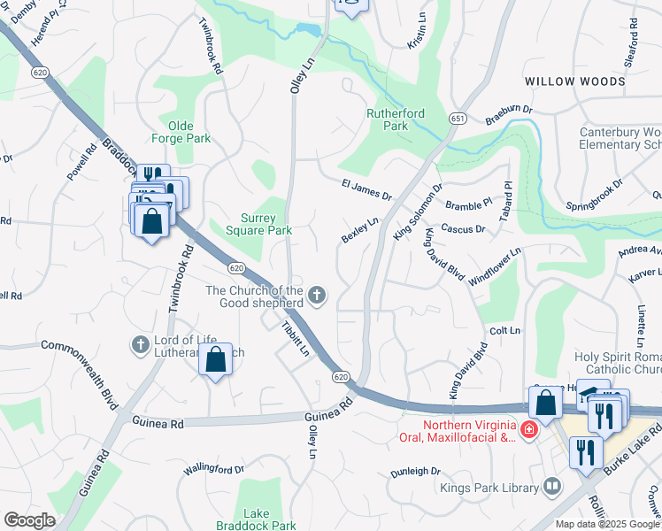 map of restaurants, bars, coffee shops, grocery stores, and more near 4924 Bexley Lane in Fairfax