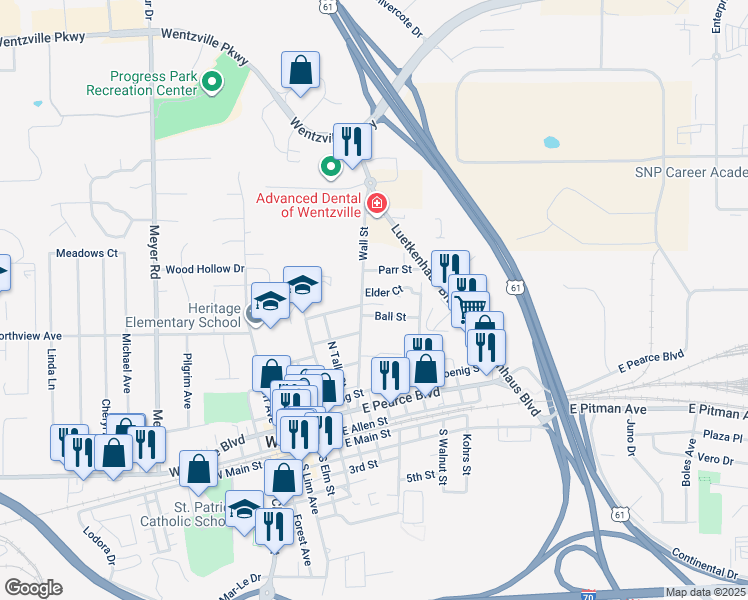 map of restaurants, bars, coffee shops, grocery stores, and more near 508 Wall Street in Wentzville