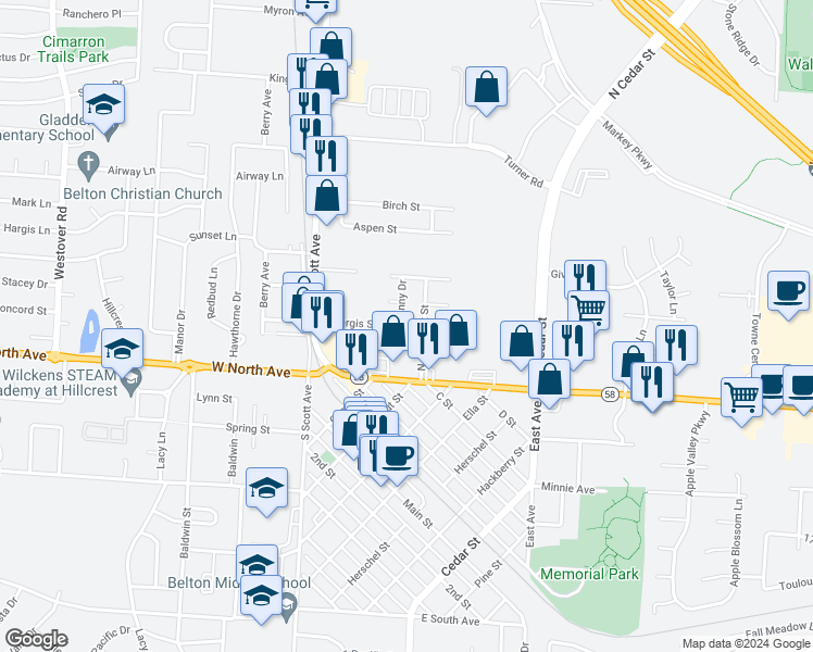 map of restaurants, bars, coffee shops, grocery stores, and more near 108 Sunny Drive in Belton