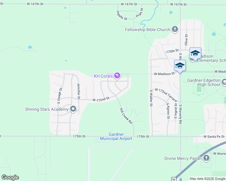 map of restaurants, bars, coffee shops, grocery stores, and more near 31972 West 172nd Street in Gardner