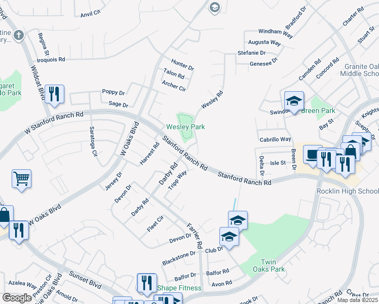 map of restaurants, bars, coffee shops, grocery stores, and more near 5507 Darby Road in Rocklin