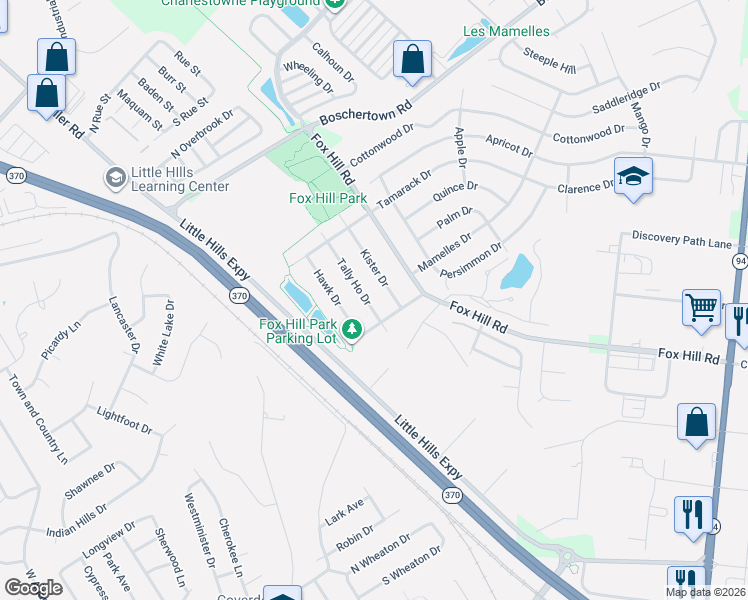 map of restaurants, bars, coffee shops, grocery stores, and more near 3101 Tally Ho Drive in Saint Charles