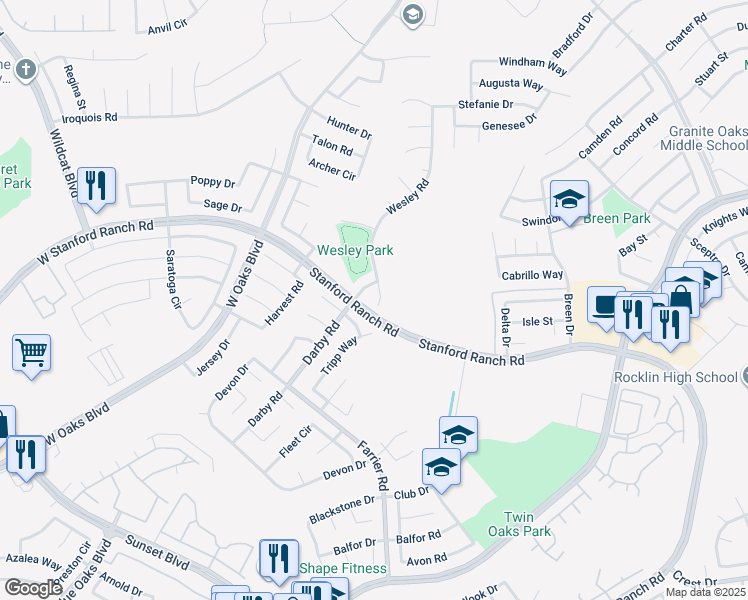 map of restaurants, bars, coffee shops, grocery stores, and more near 5410 Wesley Court in Rocklin