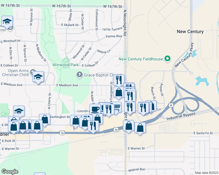 map of restaurants, bars, coffee shops, grocery stores, and more near 351 North Evergreen Street in Gardner