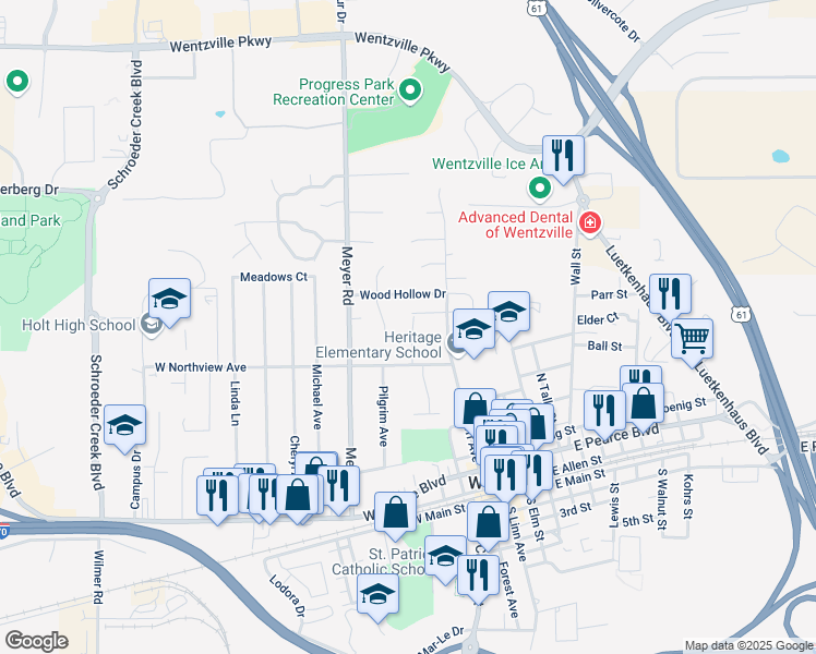 map of restaurants, bars, coffee shops, grocery stores, and more near 623 Scotti Lane in Wentzville