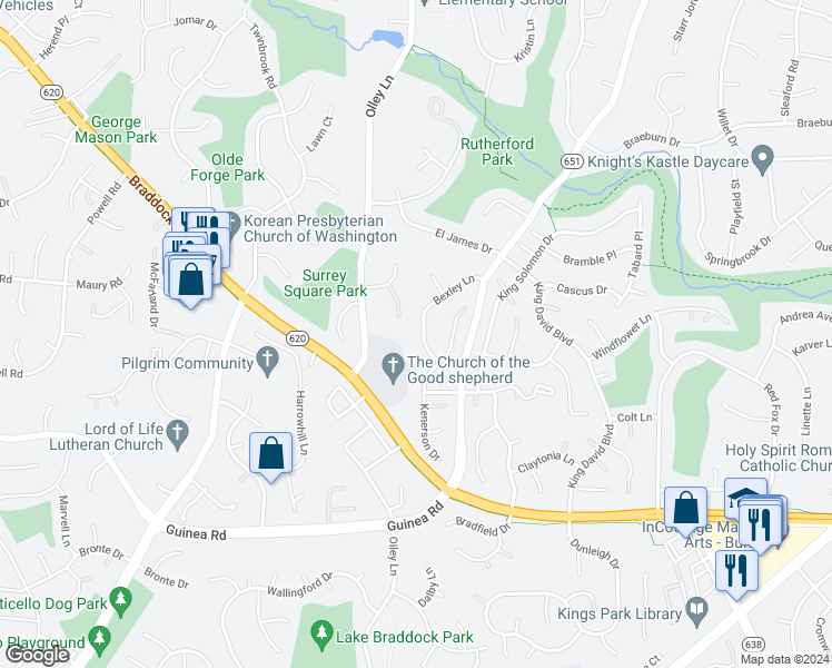 map of restaurants, bars, coffee shops, grocery stores, and more near 4924 Bexley Lane in Fairfax