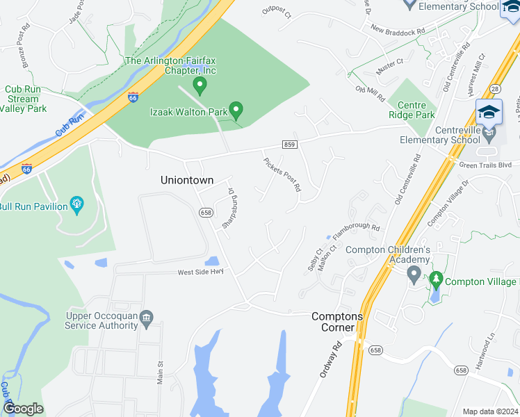 map of restaurants, bars, coffee shops, grocery stores, and more near 6869 Muskett Way in Centreville