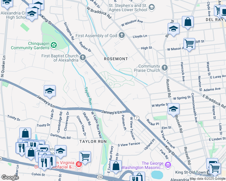 map of restaurants, bars, coffee shops, grocery stores, and more near 2807 King Street in Alexandria