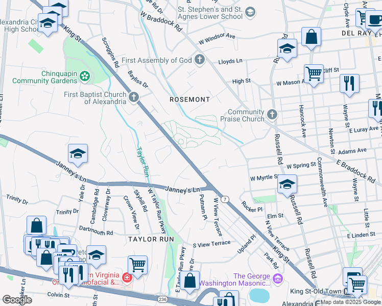 map of restaurants, bars, coffee shops, grocery stores, and more near 2807 King Street in Alexandria