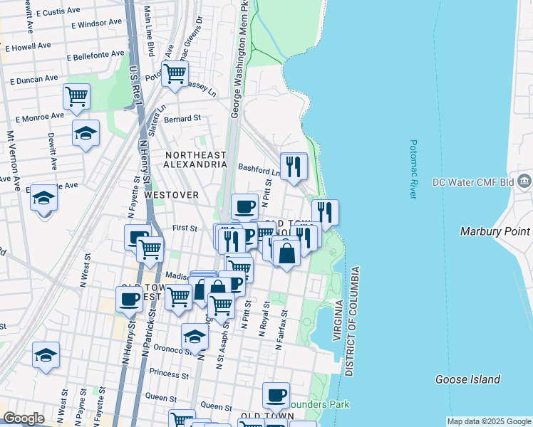 map of restaurants, bars, coffee shops, grocery stores, and more near 1117 North Pitt Street in Alexandria