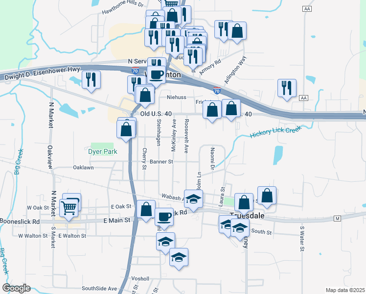 map of restaurants, bars, coffee shops, grocery stores, and more near 604 Roosevelt Avenue in Warrenton