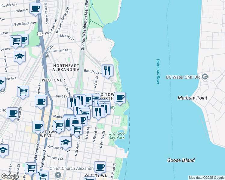 map of restaurants, bars, coffee shops, grocery stores, and more near 1199 North Fairfax Street in Alexandria