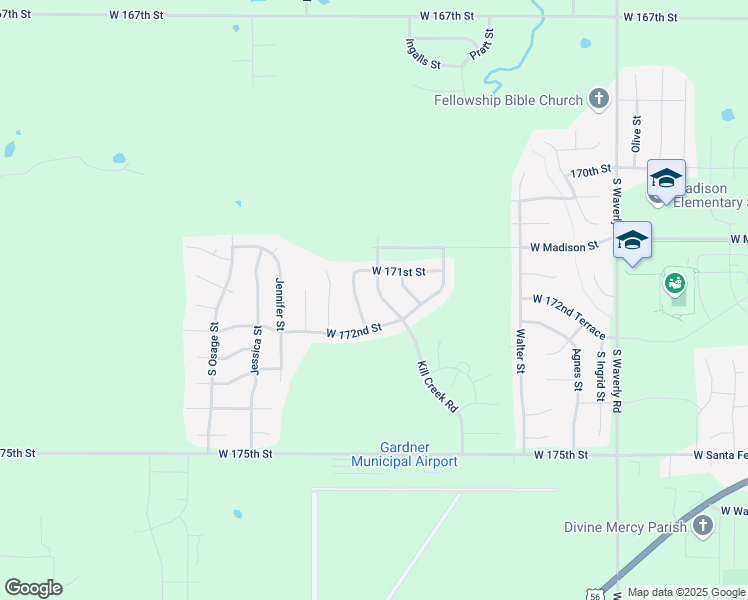 map of restaurants, bars, coffee shops, grocery stores, and more near 17182 South Kill Creek Road in Gardner